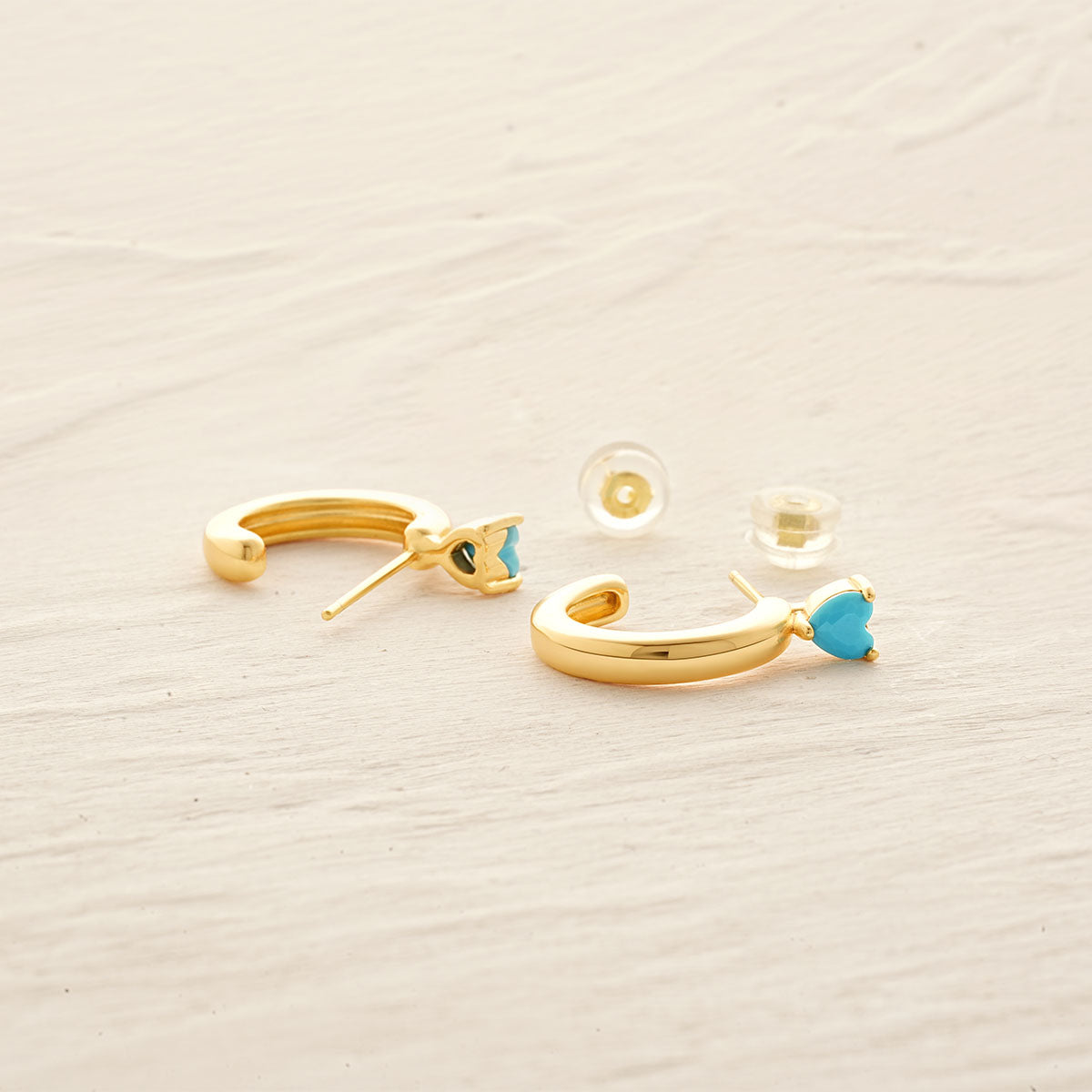 Detailed view of MYEARS® Turquoise Heart C Shape Stud Earrings, showing the vibrant turquoise stone, gold accents, and delicate design, perfect for women and as a gift