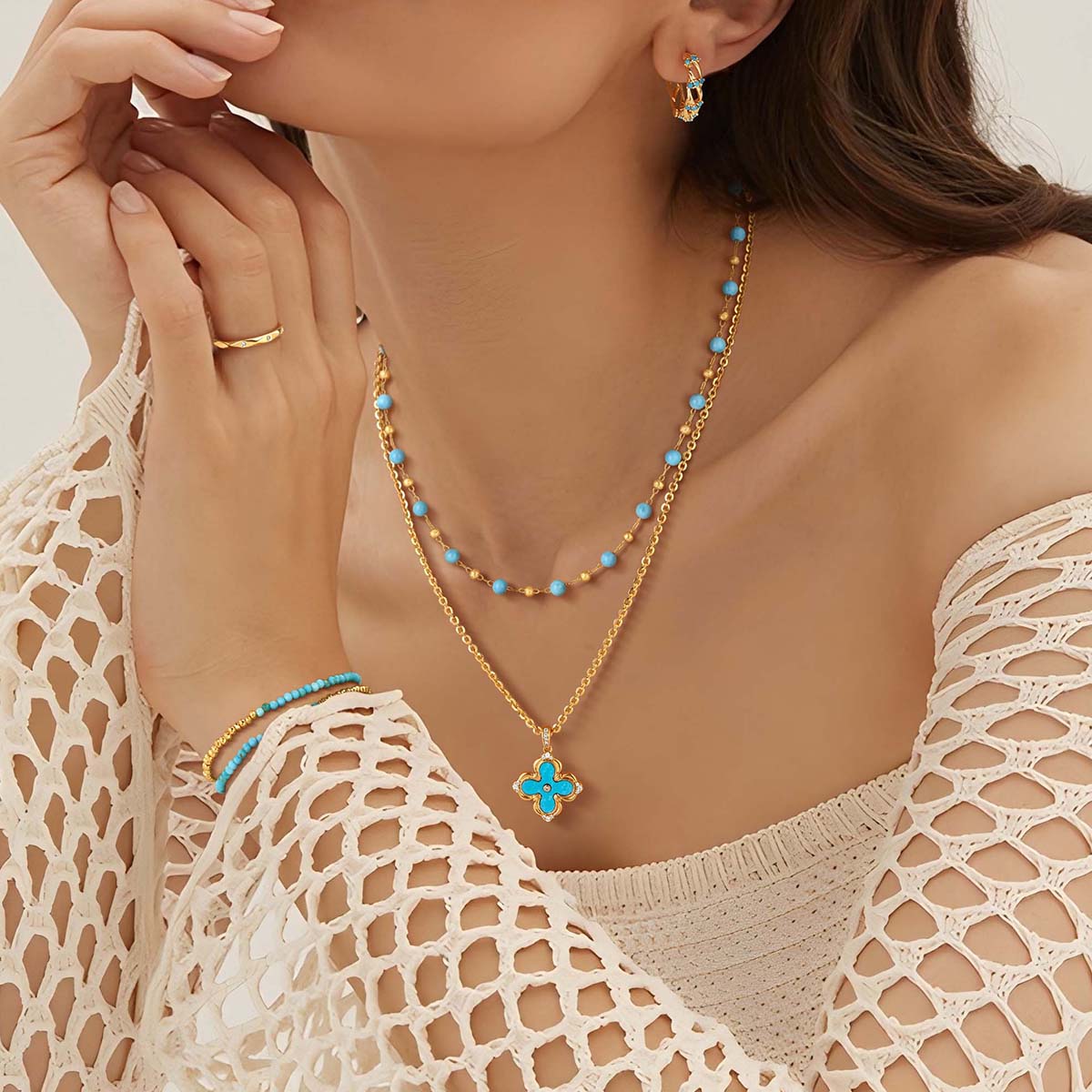 MYEARS Turquoise Pendant Necklace in gold worn by woman, elegant and lucky necklace suitable for everyday wear