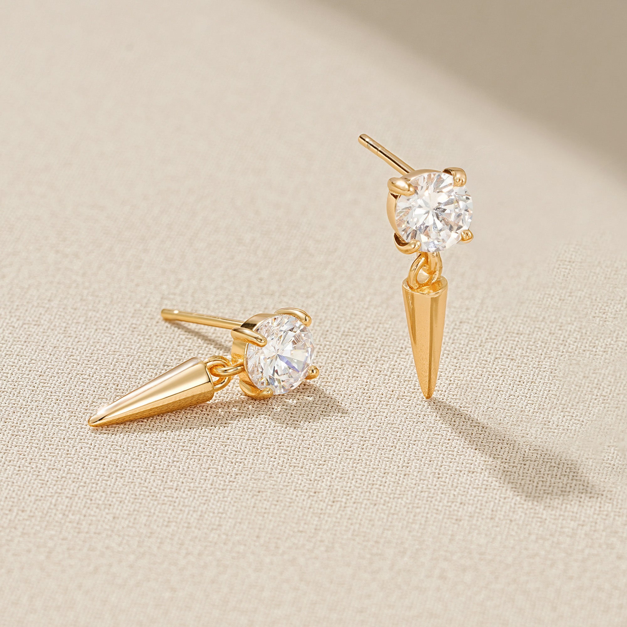 Detailed view of MYEARS® Zircon Cone Drop Stud Earrings, highlighting polished gold finish and sparkling zircon stones, designed for women’s daily style and gifting