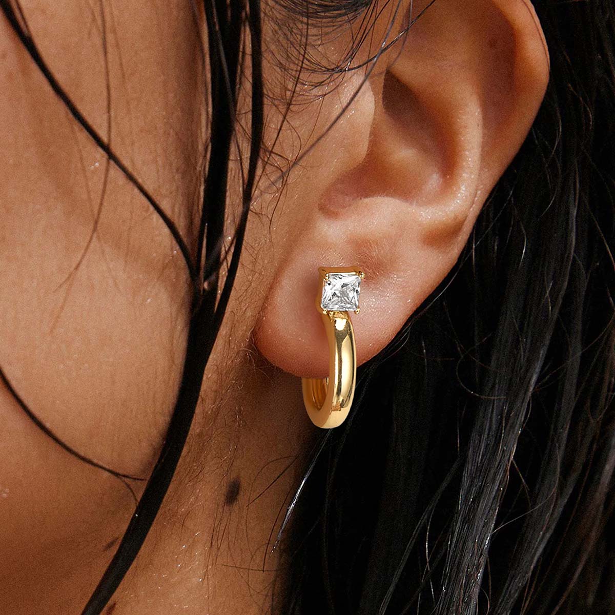 MYEARS® Zircon Half Hoop Stud Earrings worn by model, featuring dazzling zircon stones in gold setting, perfect for women’s everyday wear and thoughtful gifts
