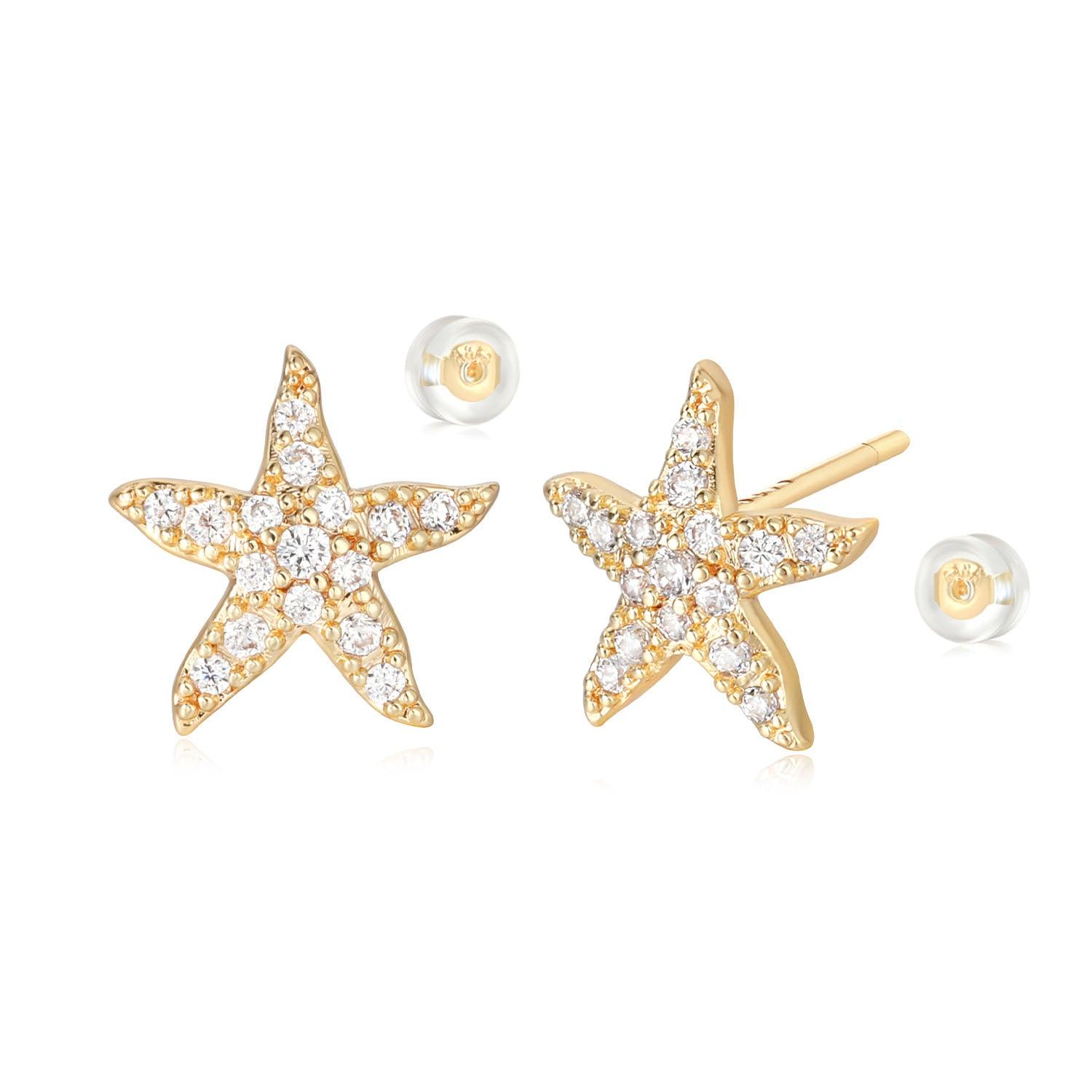 MYEARS® starfish CZ stud earrings for women, elegant gold starfish earrings with sparkling cubic zirconia, perfect jewelry gift.