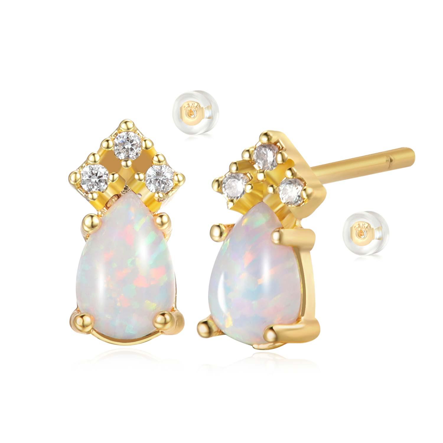 Opal teardrop stud earrings set in 14k gold plating, featuring a mesmerizing play-of-color in the pear-shaped gemstone.
