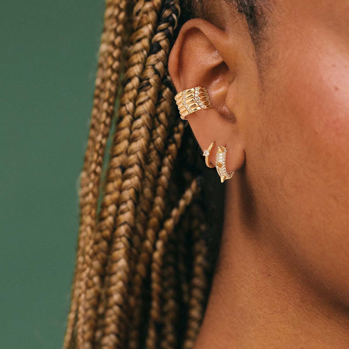 MYEARS® Round Single CZ Sleeper Hoop Earrings worn by model, gold hoop earrings for women, ideal for everyday wear