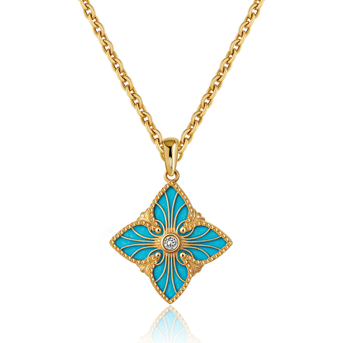 MYEARS Turquoise 4 Leaf Clover Necklace in gold worn by woman