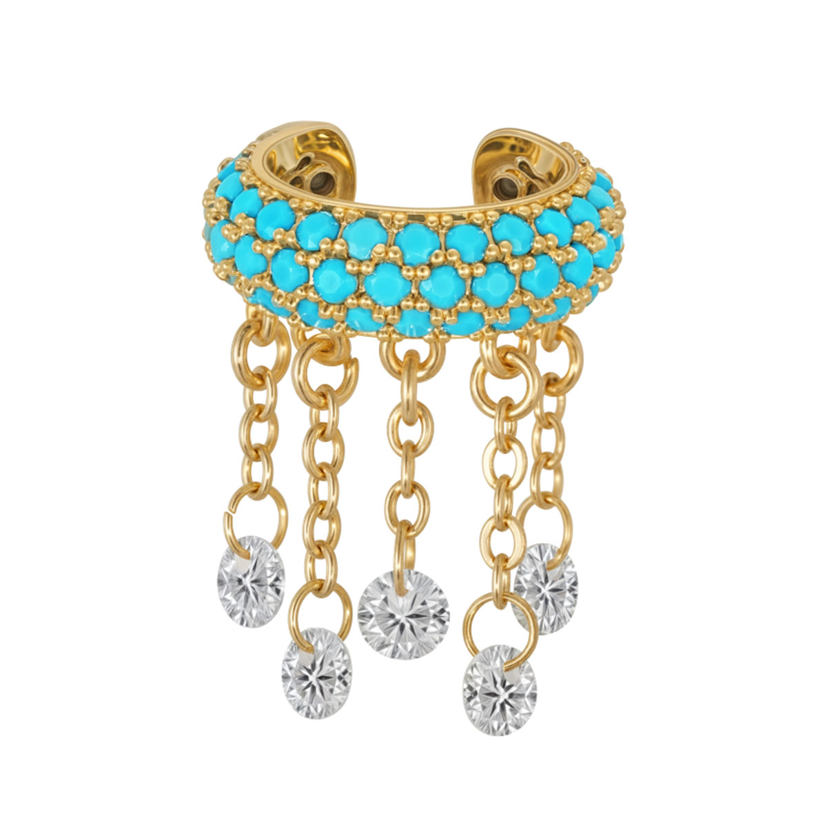 Statement turquoise dangle ear cuff in 14k gold plating, featuring a natural turquoise stone and sparkling cubic zirconia accents