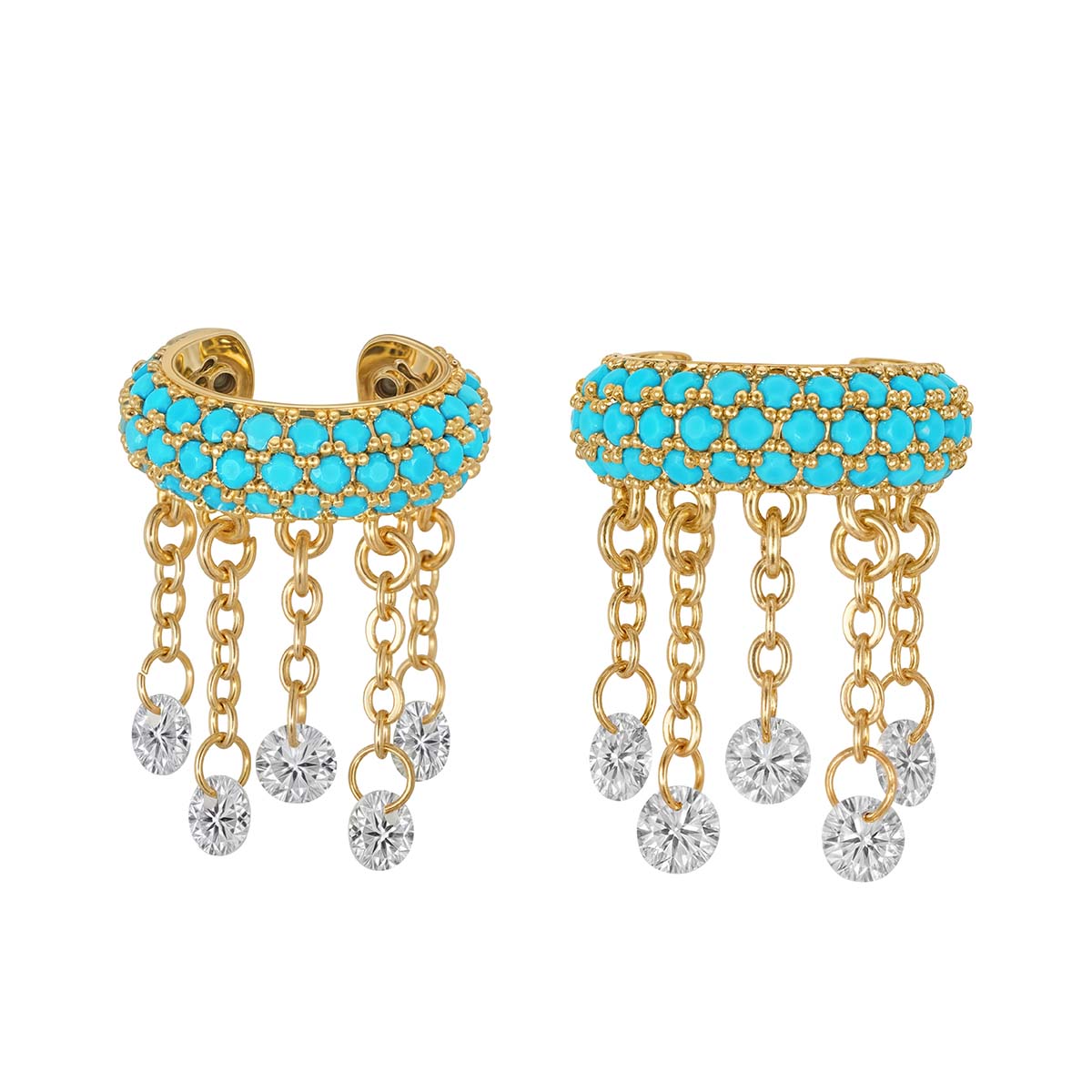 Statement turquoise dangle ear cuffs in 14k gold plating, featuring a natural turquoise stone and sparkling cubic zirconia accents