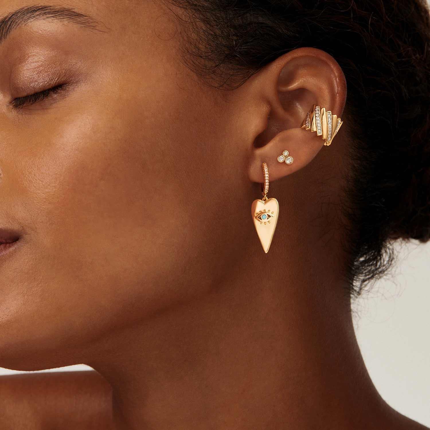 MYEARS® turquoise evil eye heart drop earrings worn by model, everyday wear gold earrings