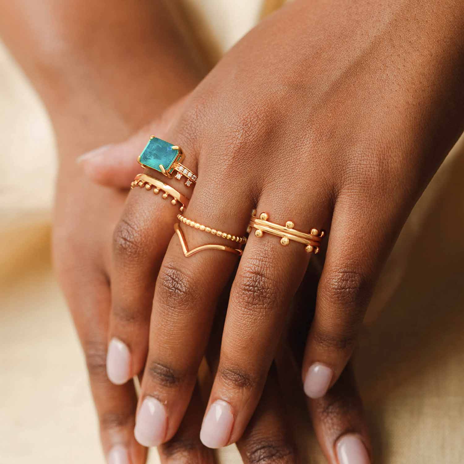 Emerald Cut Simulated Emerald/Paraiba Solitaire Cocktail Beaded Pave Ring