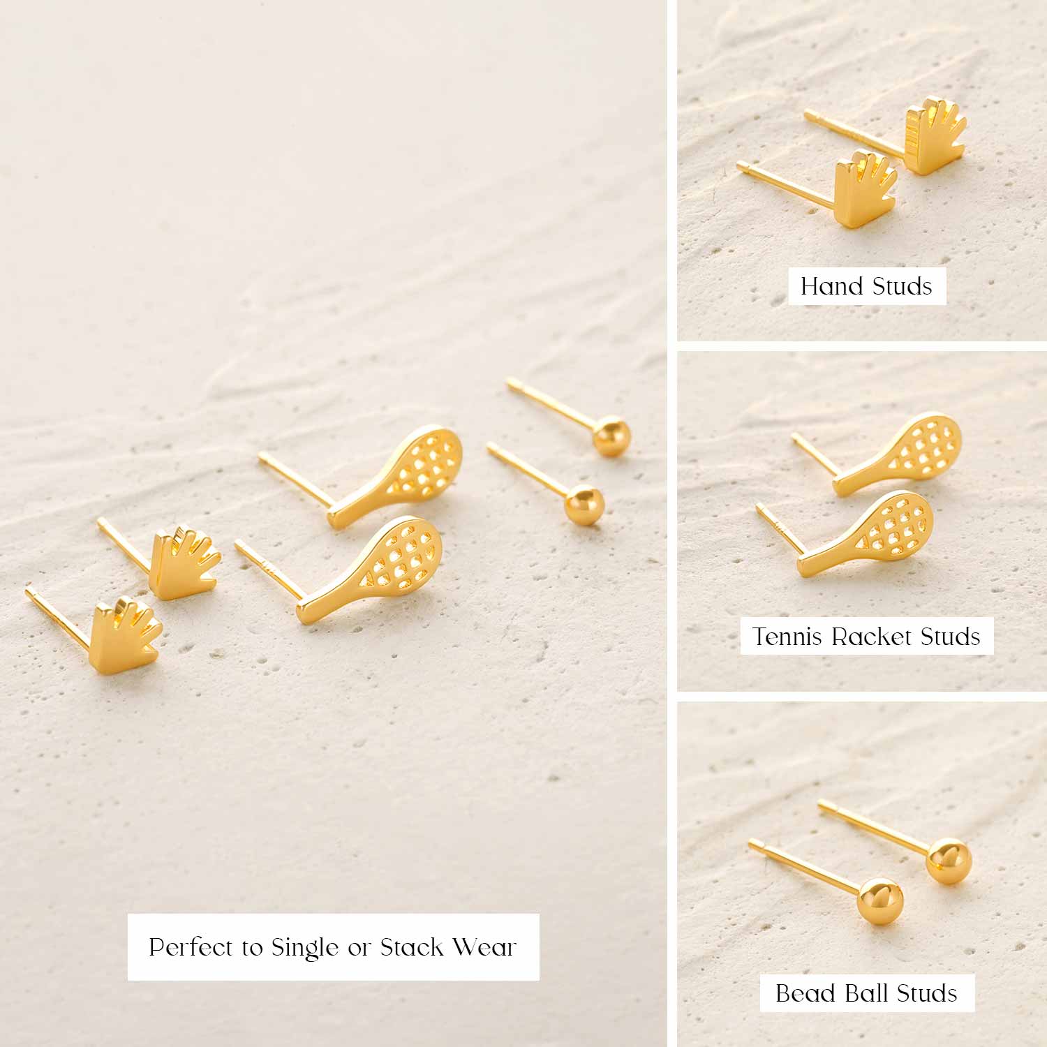 Ball & Hand & Tennis Stud Earrings Set