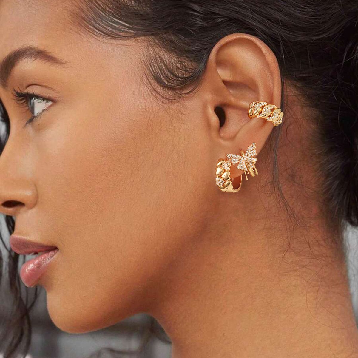 Chain Ribbed Pave Ear Cuffs