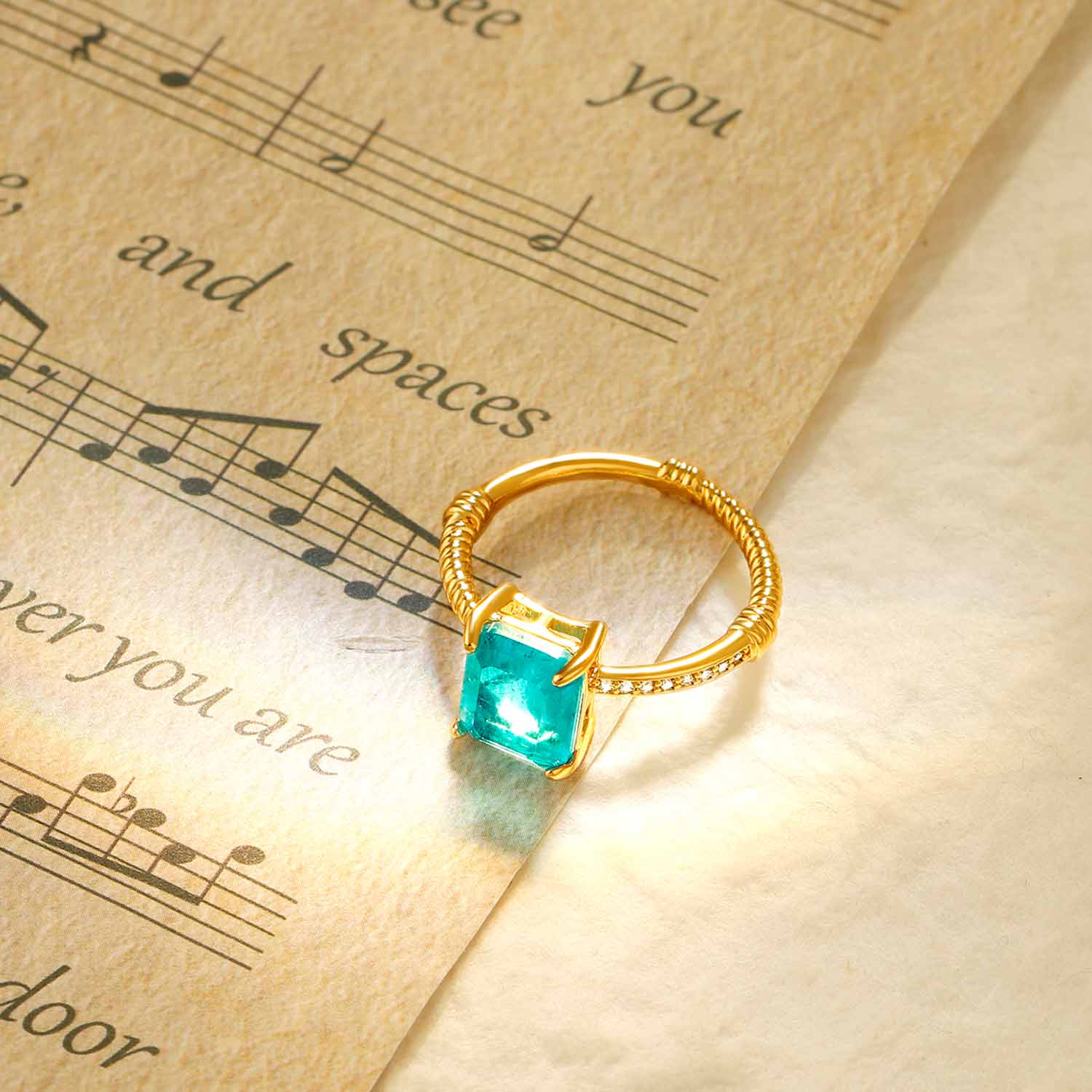 Rectangle Simulated Emerald/Paraiba Solitaire Cocktail Twisted Ring